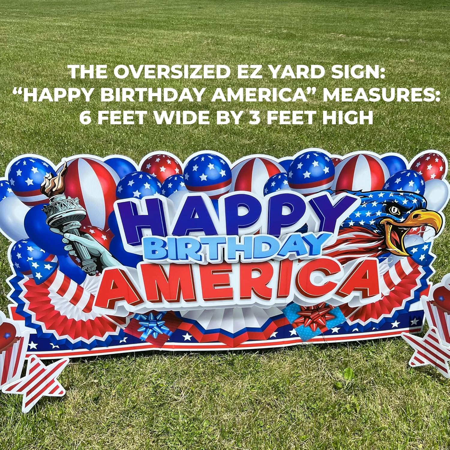 VictoryStore 3x6 Foot 4th of July Decorations Outdoor - Happy Birthday America Oversized EZ Yard Cards - 7 Pieces, Patriotic Yard Signs Include Stakes