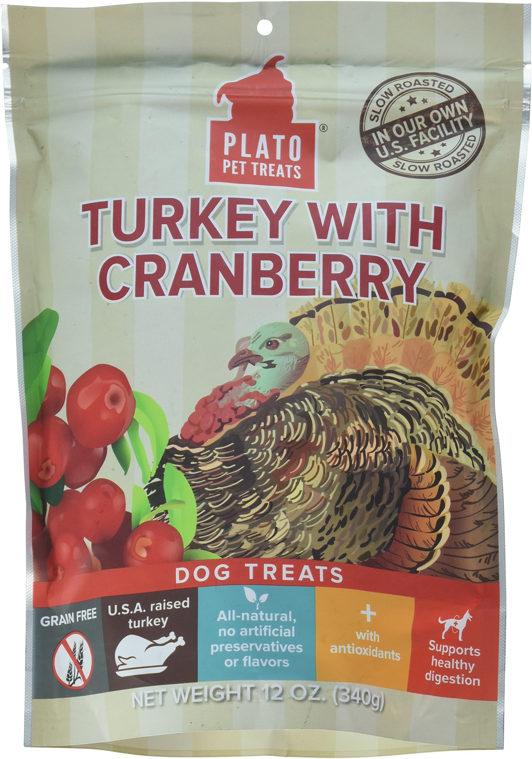 PLATO, Pet Treats, Real Strips Soft Dog Treats, Air-Dried in USA, Turkey & Cranberry, 12 oz Bag