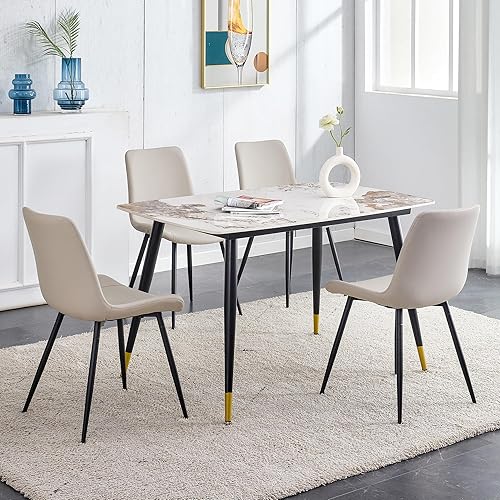 Miniatura 13 de Juego de mesa de comedor de piedra sinterizada moderna blanca de 50 pulgadas para 4 mesas de comedor de mármol sintético con 4 sillas tapizadas de 4