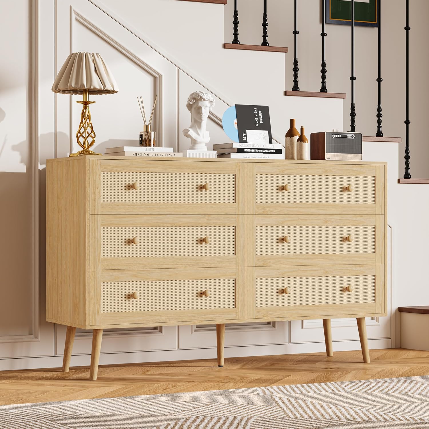 Rattan 6 Drawer Dresser for Bedroom, 47.3" Wide Dresser Chest of Drawers, Boho Wood Dresser TV Stand with Wood Handles, Storage Dressers Closet Organizer for Living Room Hallway, Natural Oak