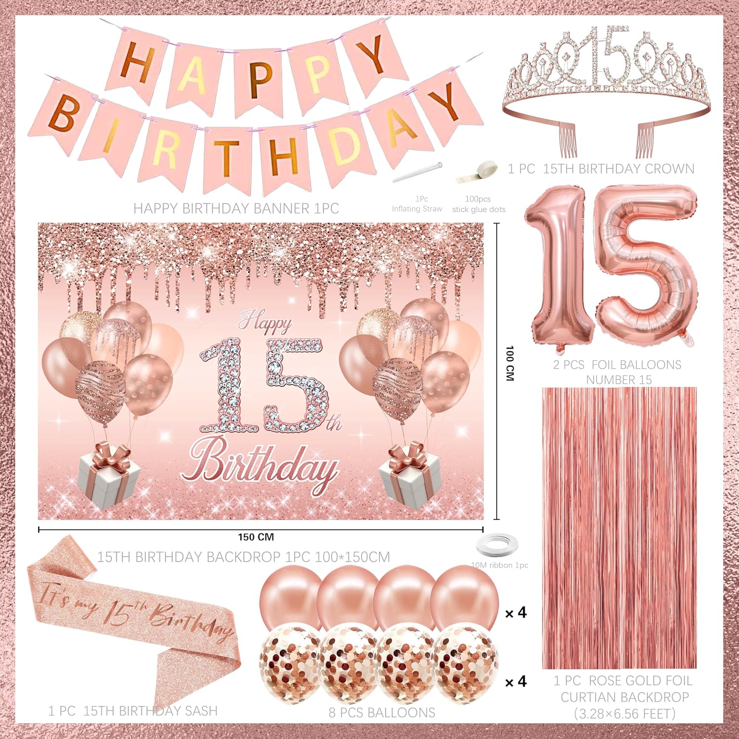 15th Birthday Decorations for Girls,Banner,Backdrop, it’s my 15th Birthday Sash, Sweet Rhinestone Tiara Crown,Balloons - Image 2