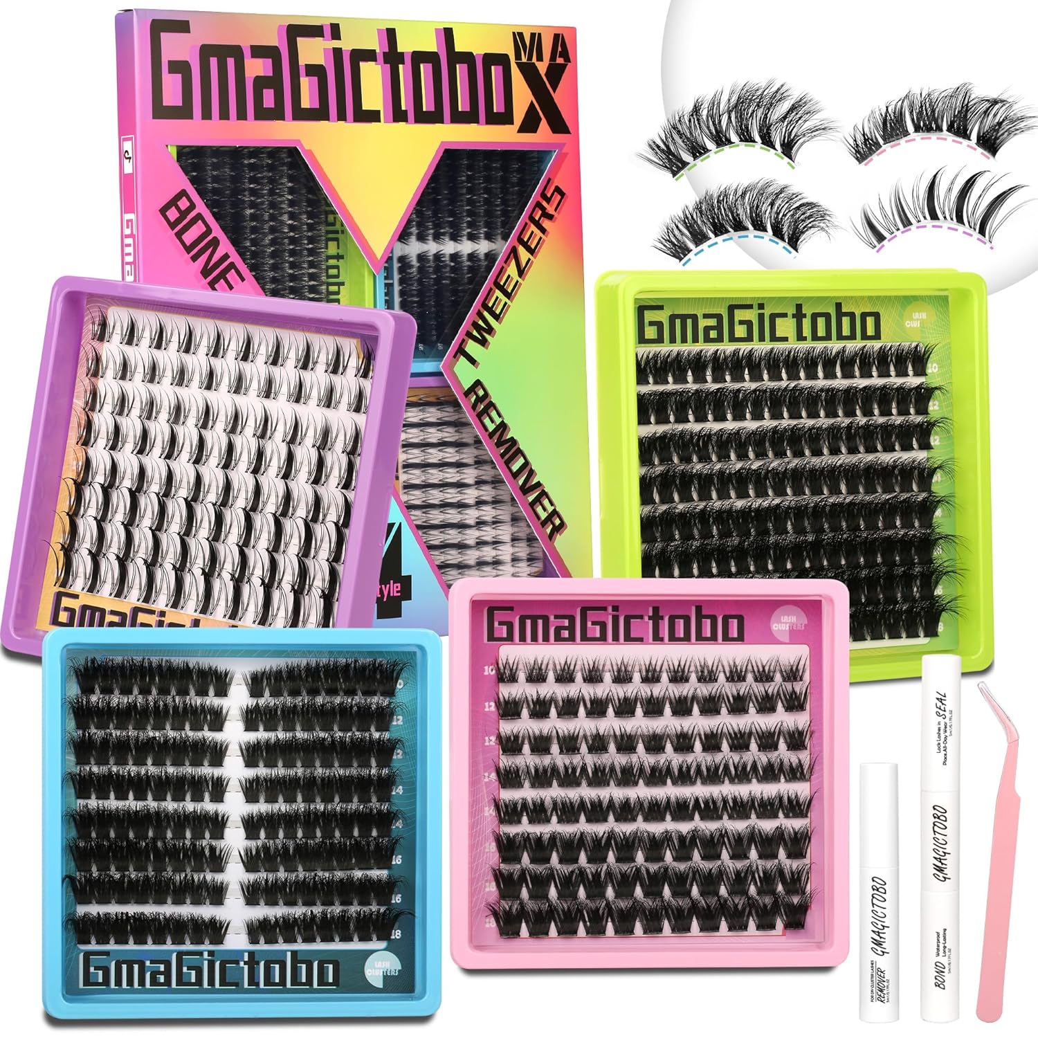 Gmagictobo Lash Clusters Kit Natural Wispy Lash Clusters C/D Curl 424Pcs Volume Individual Lashes Clusters Manga Lashes Cat Eye Lashes Pack Lash Bond and Seal Lash Remover Lash Tweezers
