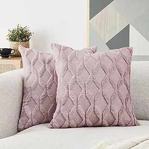 Volcanics Pack of 2 Faux Wool Throw Pillow Covers 20x20 Inches Decorative Farmhouse Velvet Couch Pillow Case Soft Plush Square Boho Cushion Pillowcase, Pink