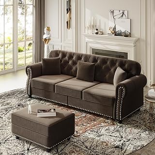 KEIKI 83" Velvet Chesterfield Sofa with Rolled Arms & Nailhead Trim & 1 Ottoman, Modern 3-Seater Button Tufted Couch with High Resilience Cushion & 3 Pillow, Easy Assembly, for Living Room, Brown
