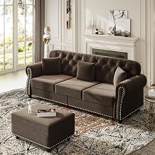 Mid-Century Modern Chesterfield Sofa with Button Tufted, Upholstered Velvet 3 Seater Sofa with Nailhead Trim and Rolled Armrests, Includes 3 Pillows Brown, 3 Seater + 1 Ottoman