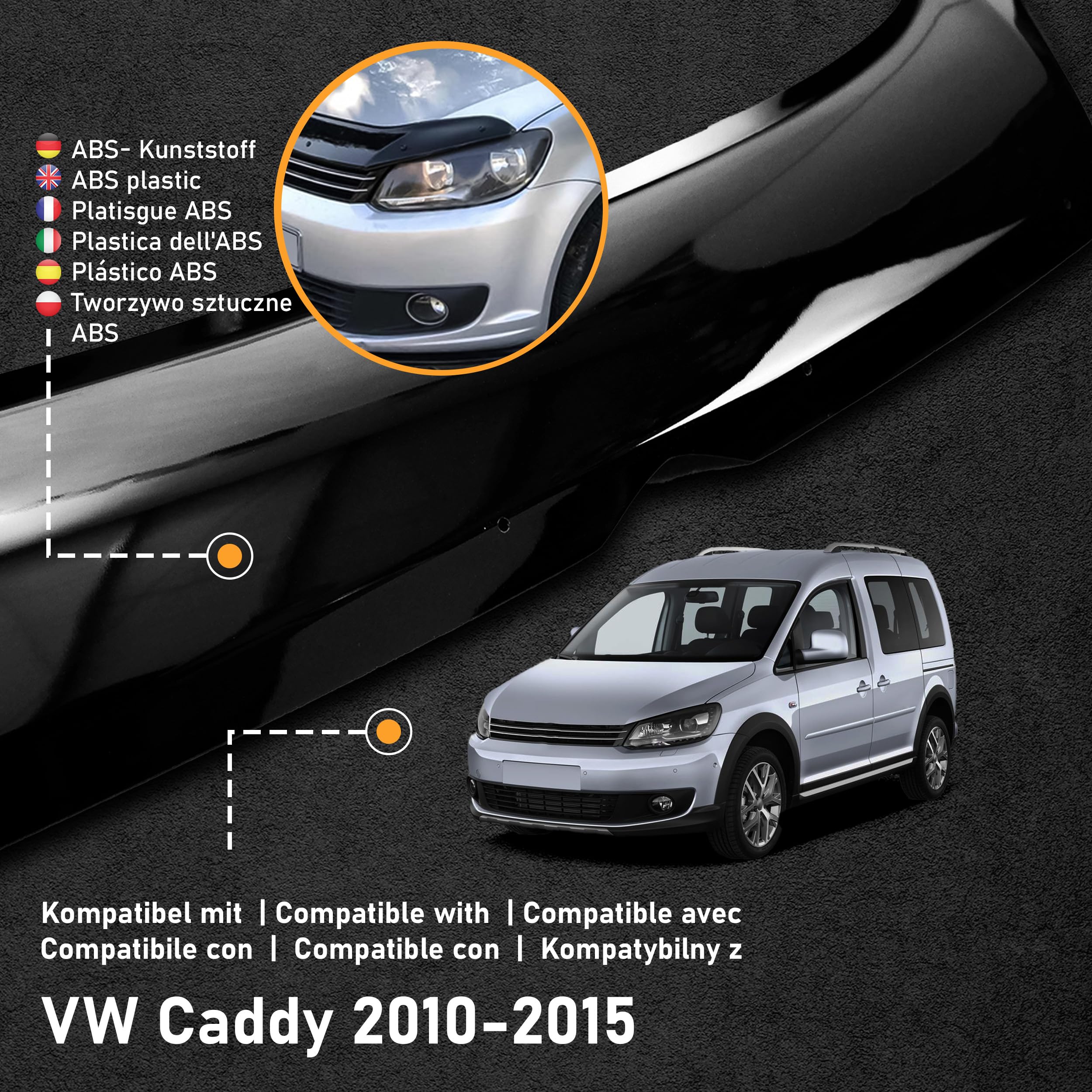 CHROMEMASTER | Auto Zubehör; Steinschlagschutz; Motorhaubenabdeckung Kompatibel mit VW Caddy 2010-2015 | Schwarzer ABS-Kunststoff | Motorhaubenschutz Deflektor Schützt die Motorhaube vor Steinen