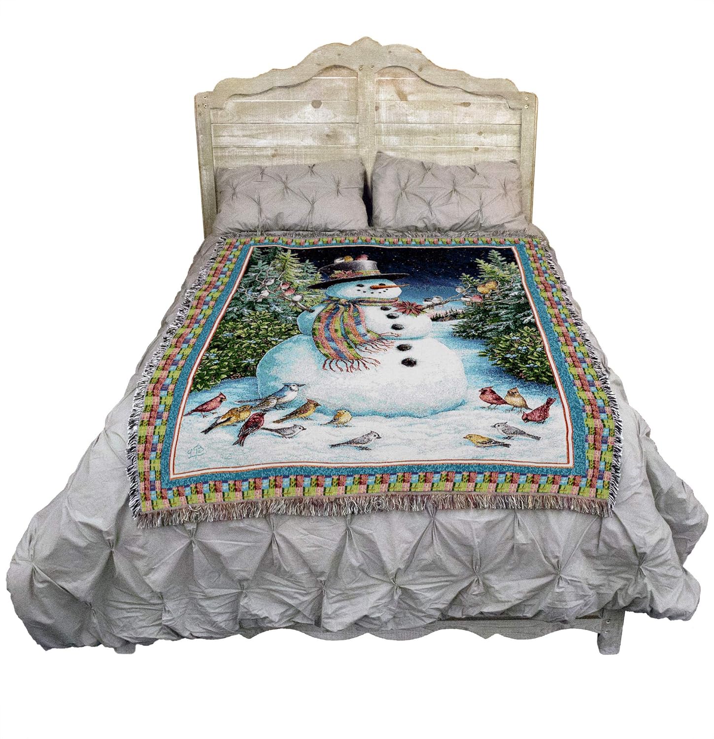 Pure Country Weavers Plaid Snowman Blanket by Lynn Bywaters - Birds Gift Christmas Tapestry Throw Woven from Cotton - Made in The USA (72x54)