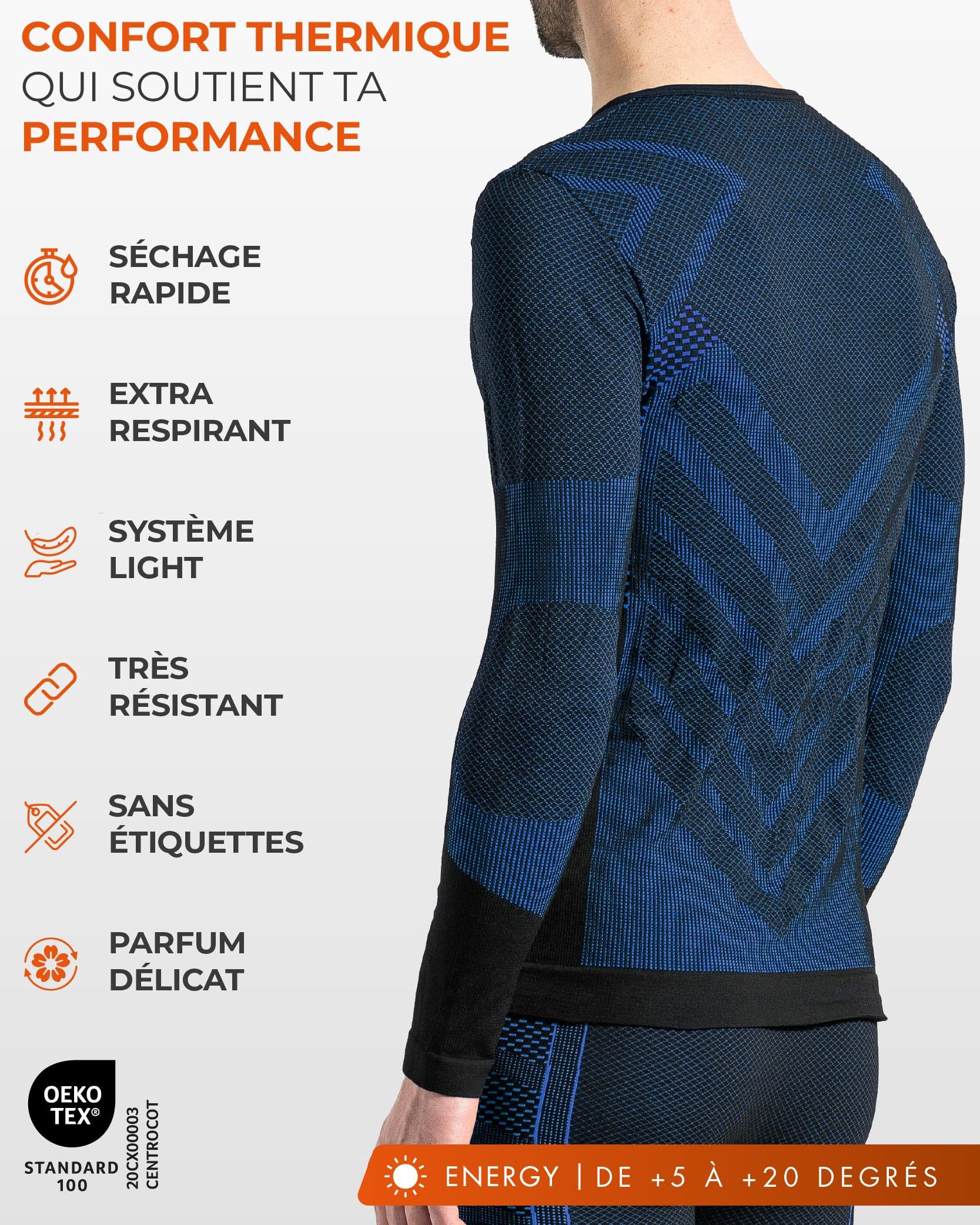 Risalti T Shirt Homme Thermique Manches Lounges Energy - sous Vetement Homme Thermique élastiques, Haut Thermique Homme Respirants, Tshirt Homme sans Couture - Made in Italy