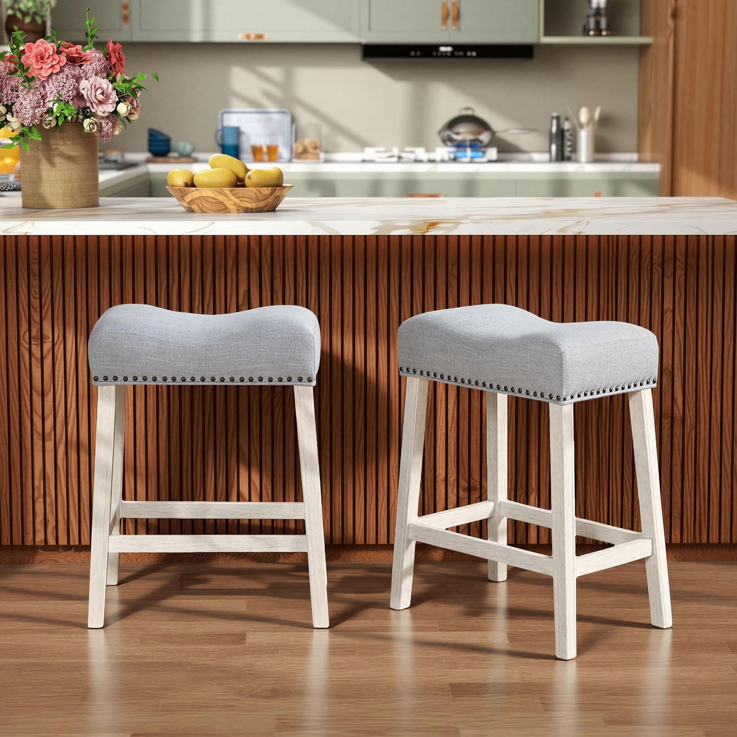 Roundhill Furniture Coco Upholstered Backless Saddle Seat Counter Stools 25.5" Height, Set of 2, Fabric, Tan