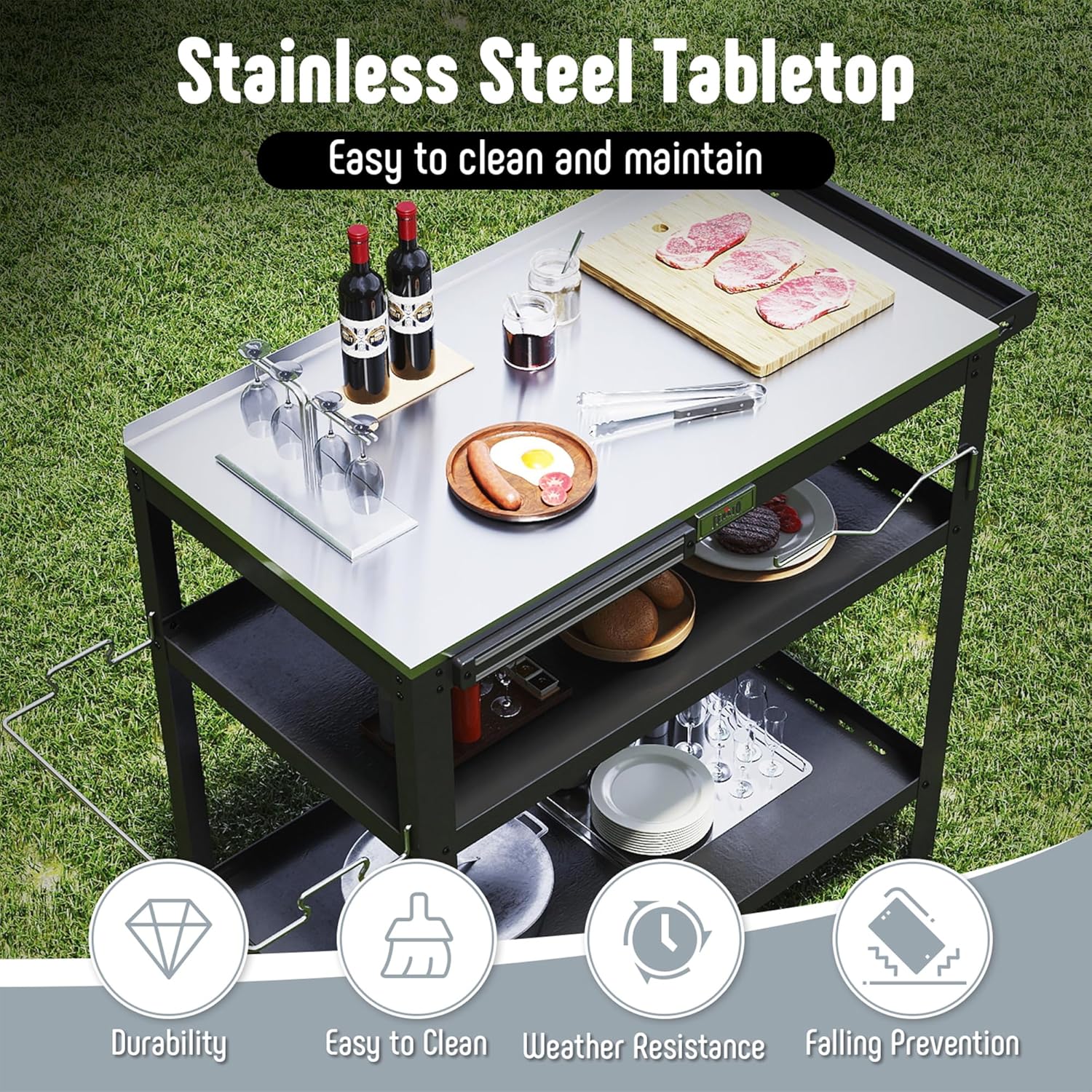 31.5"x18" Outdoor Stainless Steel Grill Table, Movable Grill Prep Table Table with Seasoning Rack & Magnetic Tools Holder, Backyard BBQ Kitchen Food Prep Table for Portable Griddle & Pizza Oven