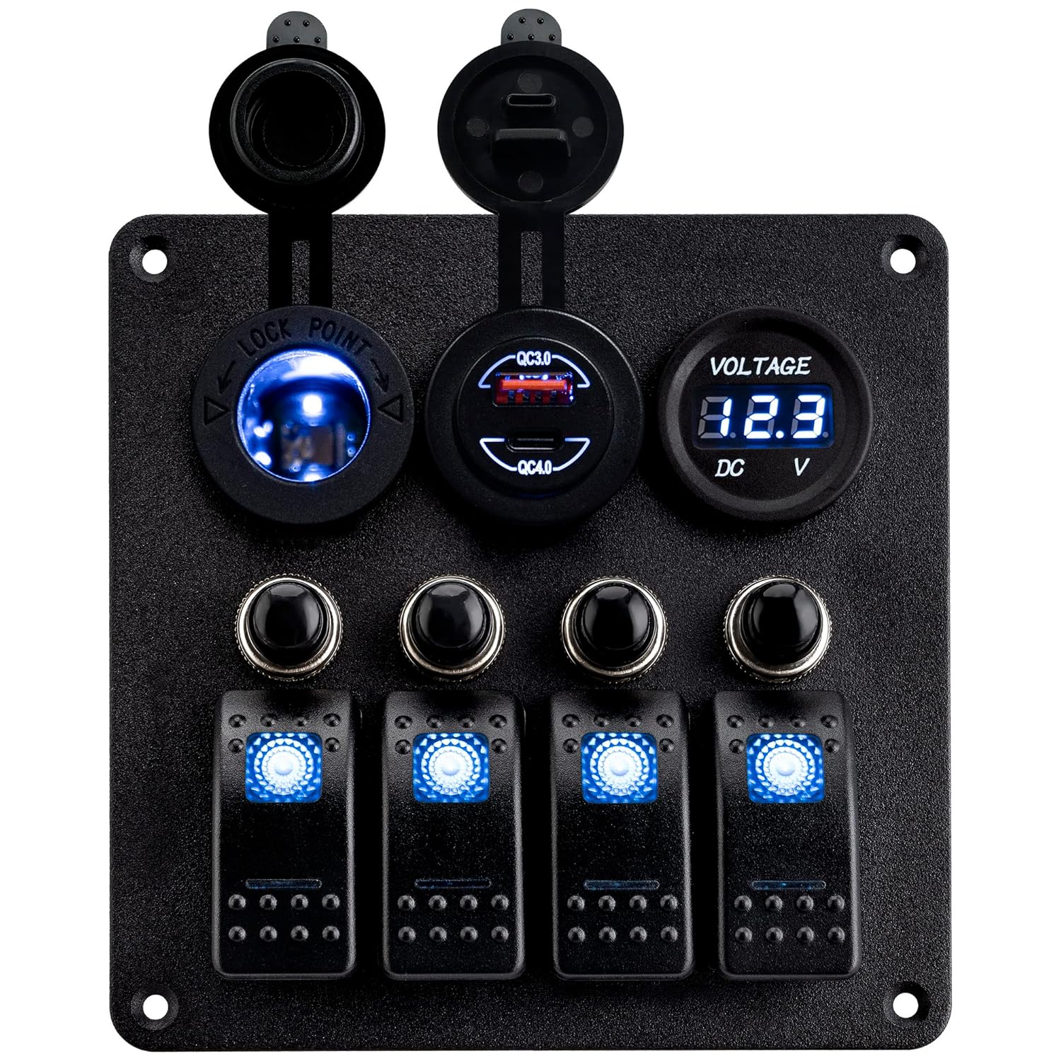 Young Marine Waterproof Marine Boat Rocker Switch Aluminum Panel 4 Gang with USB Slot Socket QC 3.0 and Type C QC 4.0 + Volt Meter Blue LED Light for Car Rv Vehicles Truck (Blue)