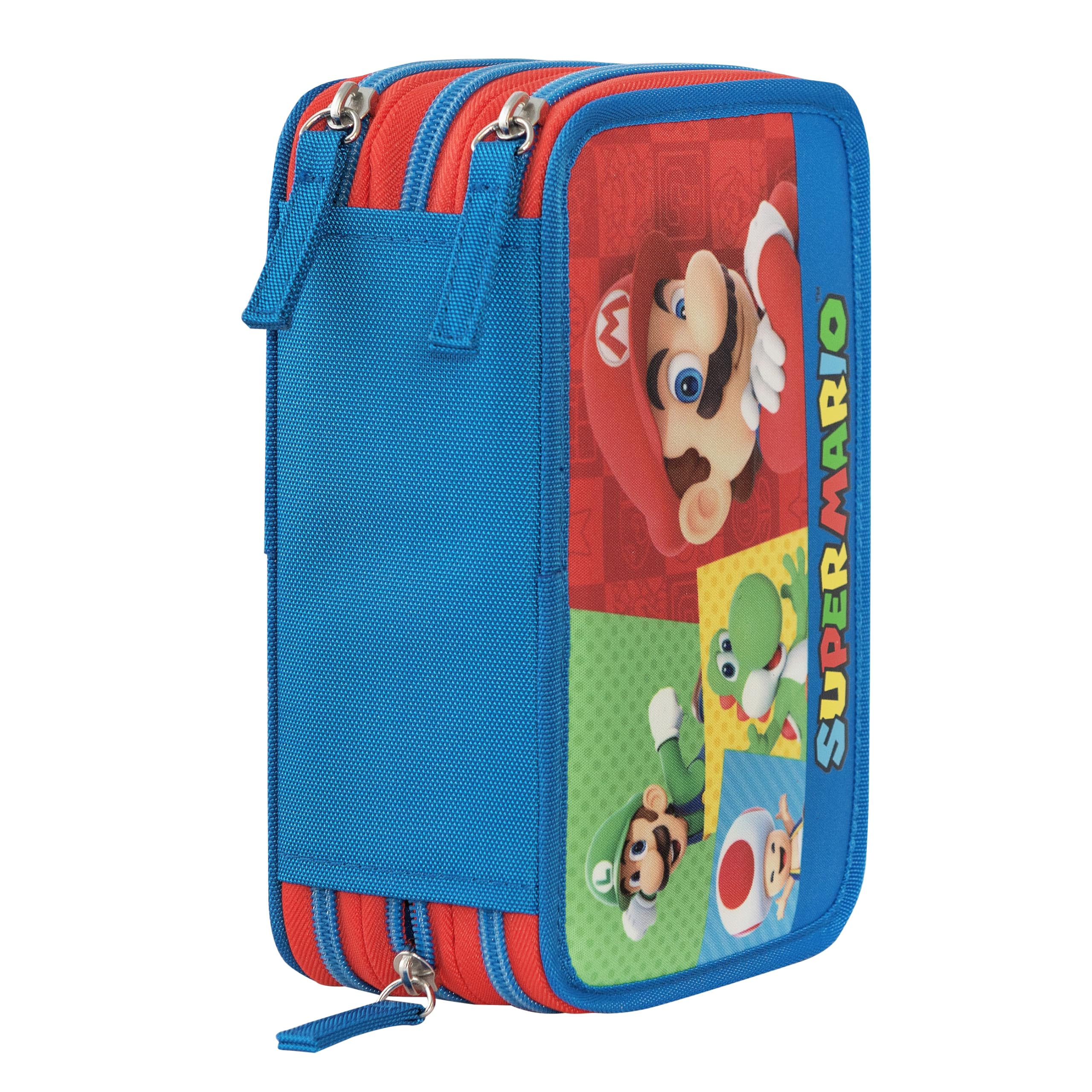 Franco Cosimo Panini Super Mario - Trousse d'école Officielle Super Mario, Trousse 3 Compartiments Enfant et Fille avec kit de Papeterie, Stylo effaçable Bleu et Pratique Fermeture à glissière, 20 x