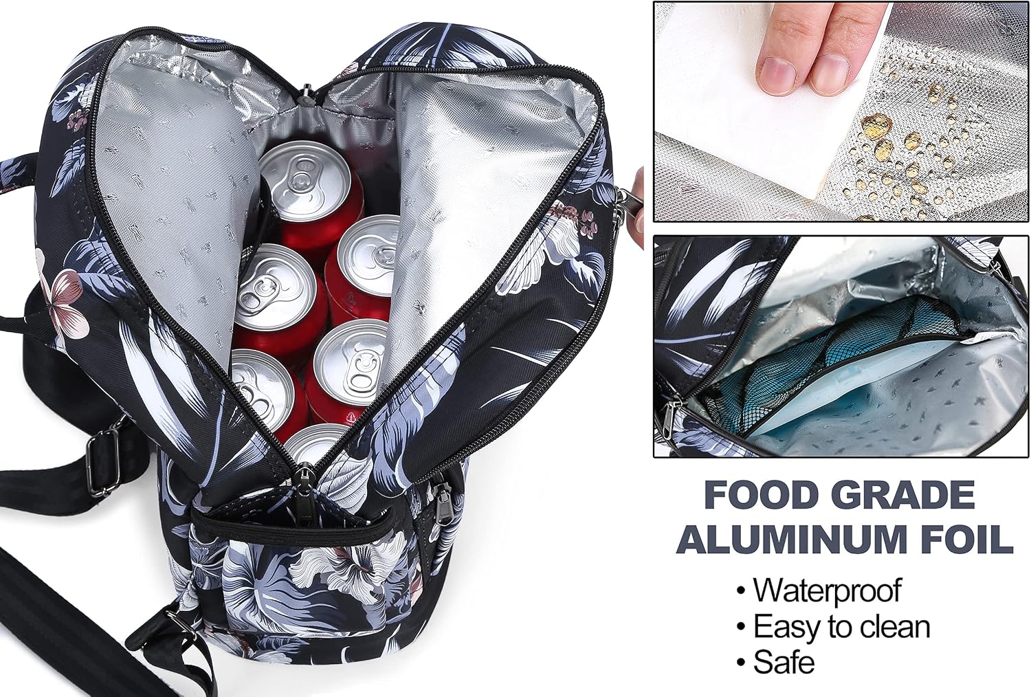 AmHoo Insulated Lunch Box Bag Reusable Cooler Backpack Double Zippers Waterproof Multiple Pockets Quilted For Women Hiking Beach Picnic Trip Black Floral