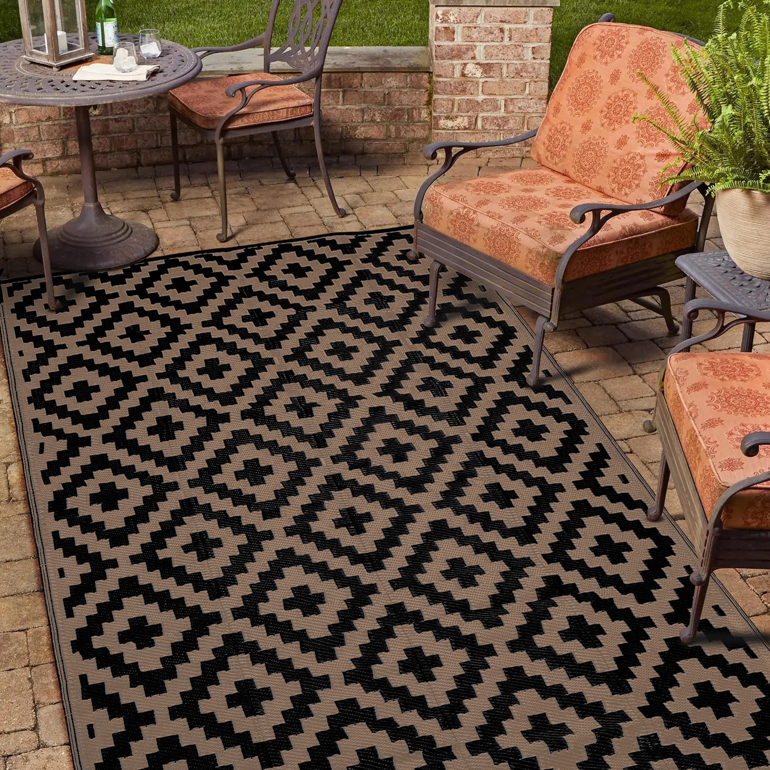 Utopia Home Waterproof Outdoor Rug for Patio 5x8 ft, Reversible Outdoor Plastic Straw Rug for Camping, Outdoor Balcony Rug, Camper Rug, Deck Rug, Outdoor RV Rugs for Picnic - Black & Brown