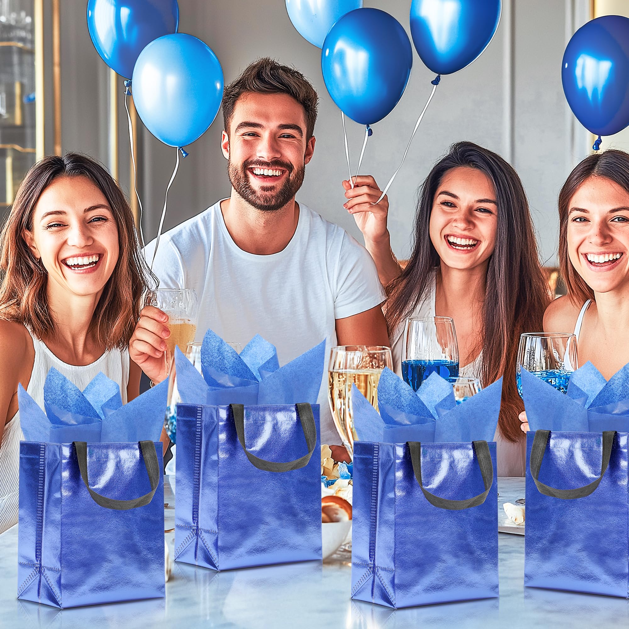 KeerxunBag 12pcs Reusable Gift Bags（Includes Tissue Paper） Gift bag with handle Birthdays Parties Holidays Weddings Medium 10x4x8in blue Gift Bags