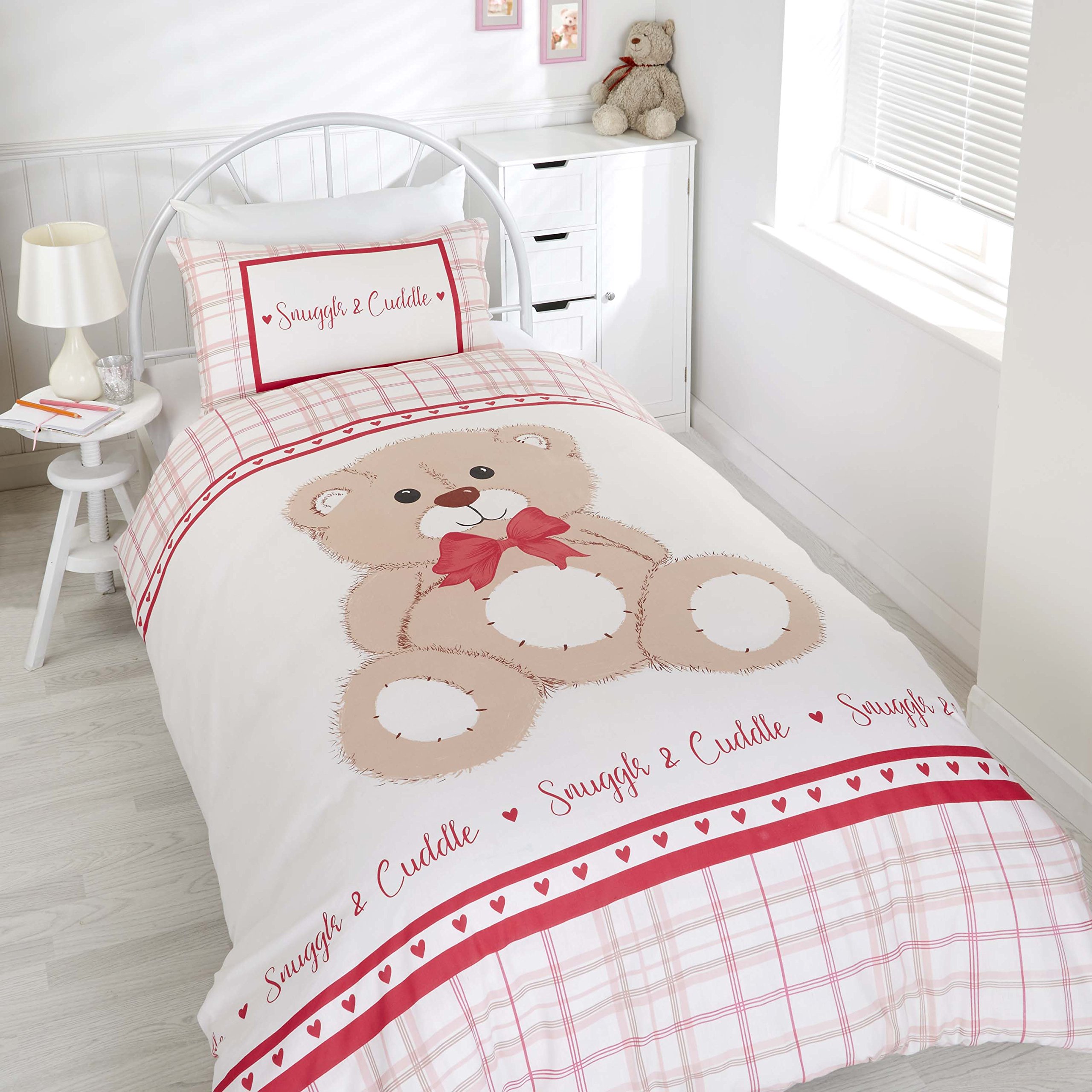 Kids Bedding Set, Snuggle and Cuddle Teddy Bear Duvet Cover Set, Red Single size Duvet Cover set for Children