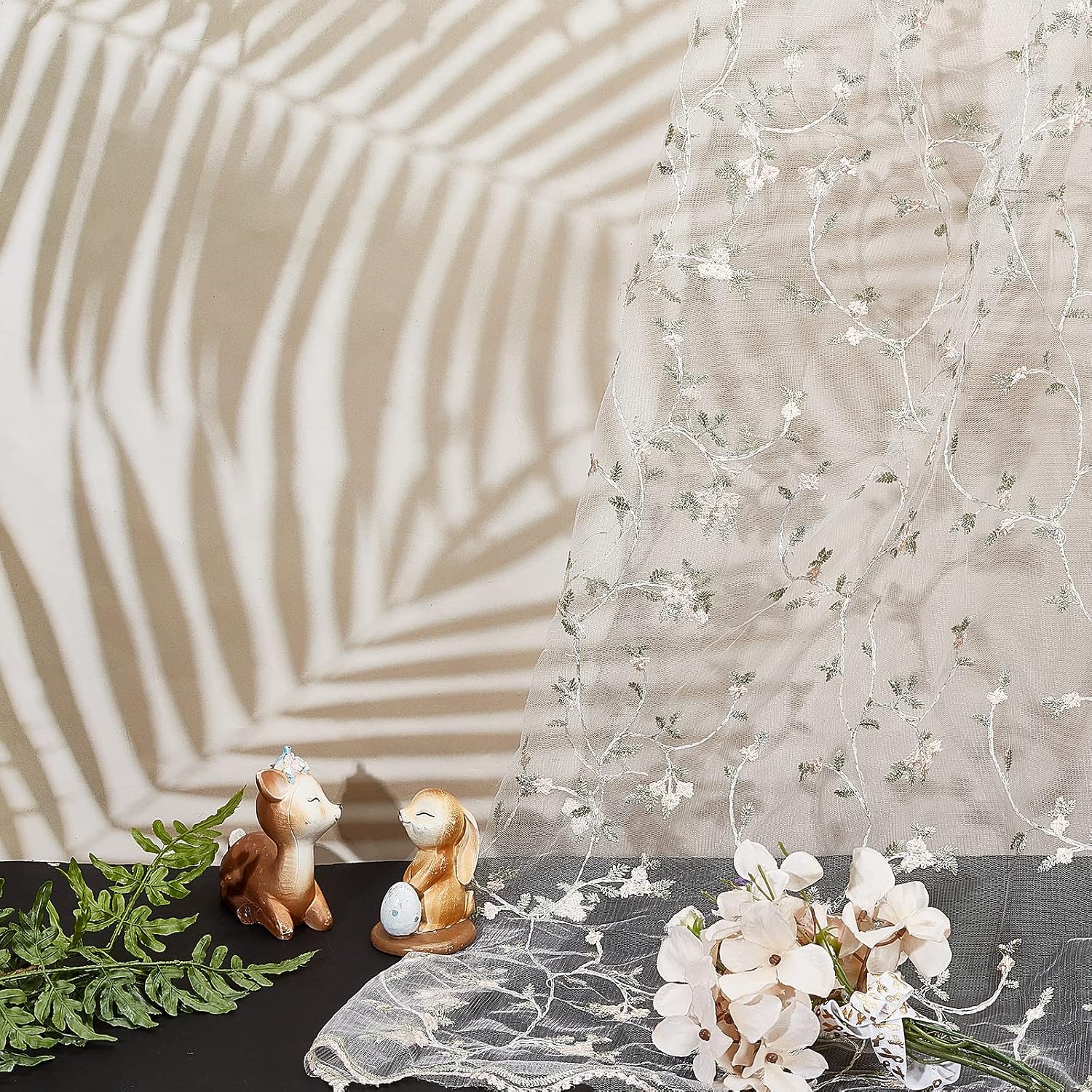 GORGECRAFT 53.5 Inch Width Floral Embroidered Lace Fabric Flowers Leaves Vine Embroidery Lace Trim Fabrics White Mesh Applique for Party Dress Skirt Clothing Embellishments DIY Sewing Crafts