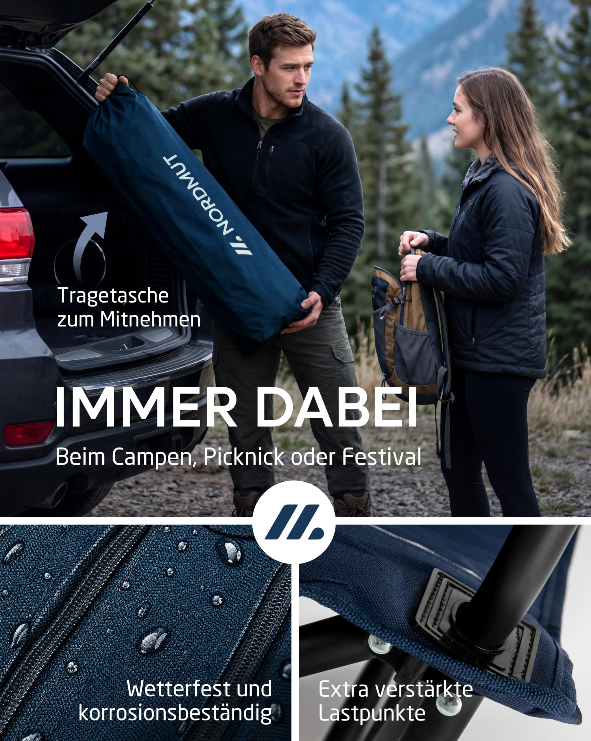 NORDMUT® Campingstuhl faltbar leicht – Stabiler Klappstuhl Camping 200 kg Belastung – bequemer Angelstuhl inkl. praktischer Kühltasche & Getränkehalter