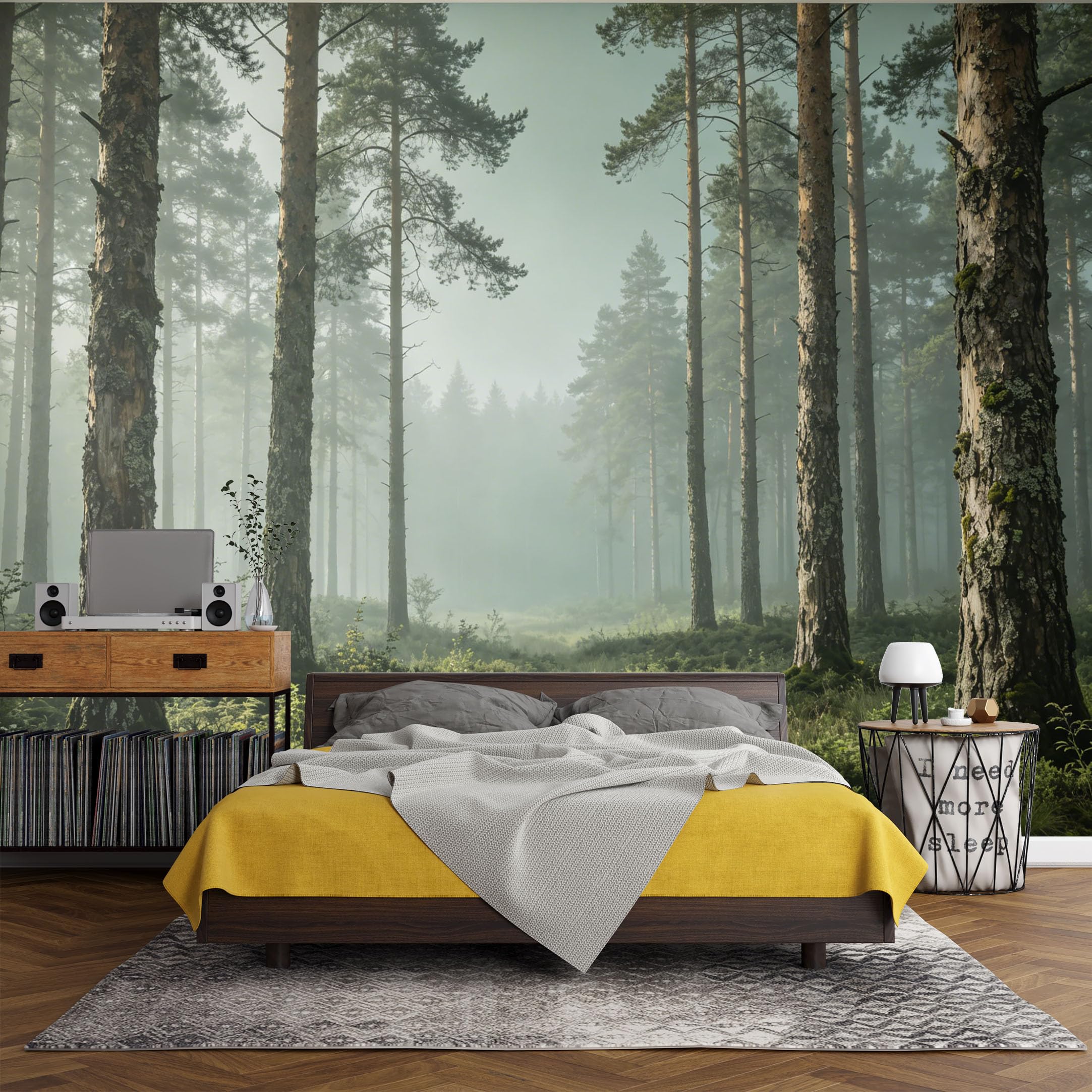 Custom Size Wall Mural Misty Pine Forest Landscape Nature Foggy Woods Morning Sunlight，SelfAdhesive Art Prints wall Fabric（No PVC） Removable Wallpaper Living Room Decor