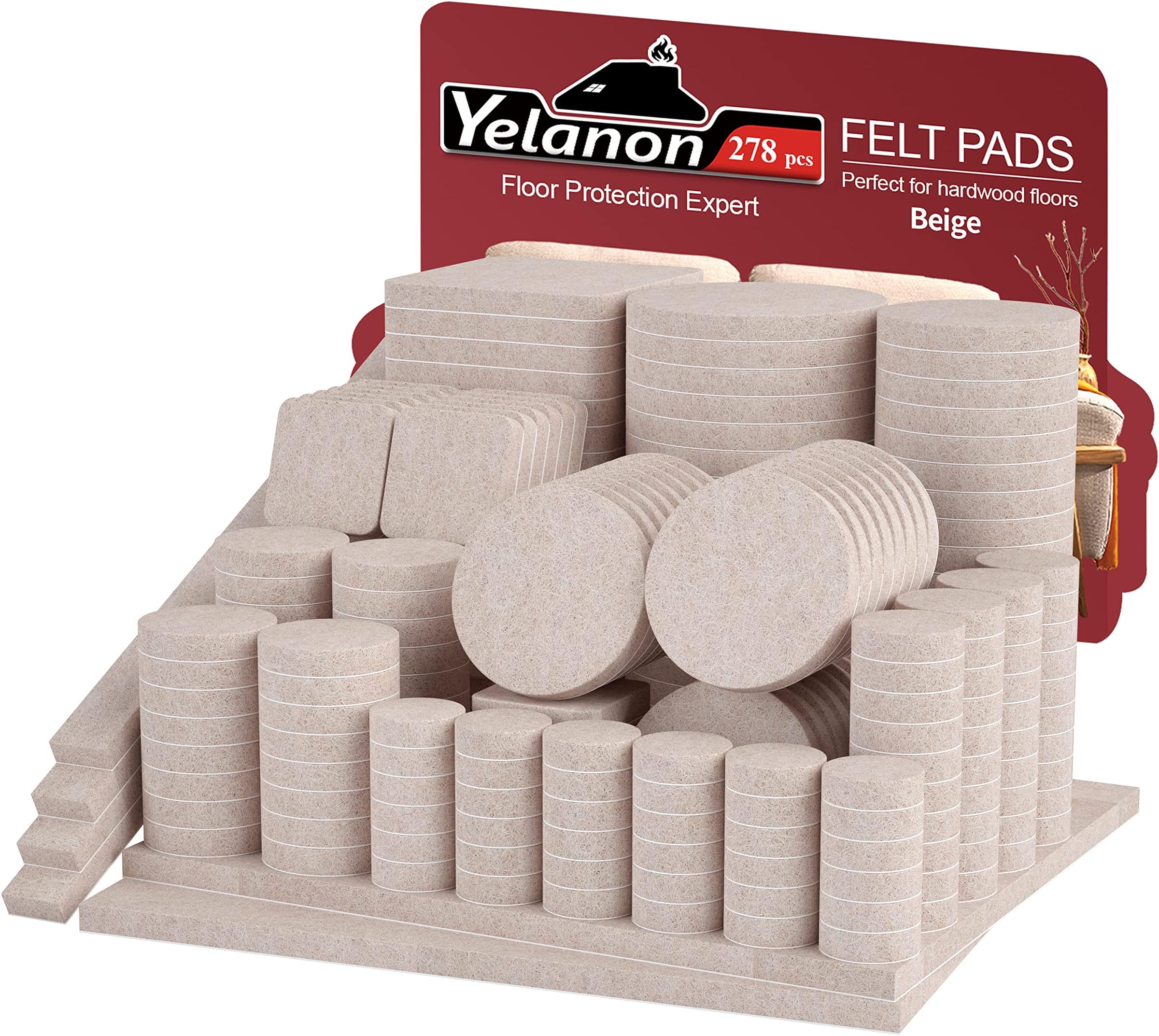 YelanonFelt Furniture Pads for Hardwood Floors -278 Pcs Premium Floor Protectors for Furniture, Felt Pads for Chair Legs,Beige