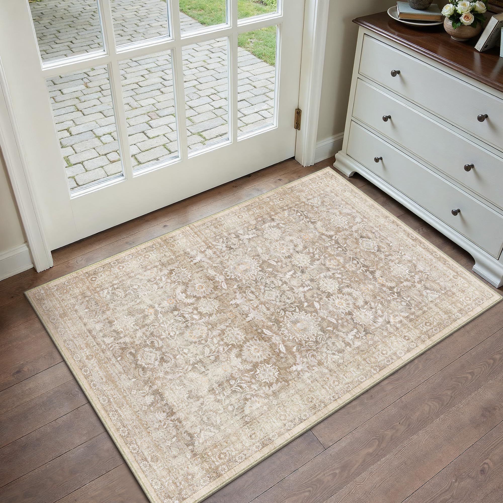 PureCozy Vintage Beige Rug Door Mat, Small Washable Area Rugs 60x90cm for Kitchen Bathroom Neutral Mat, Non-Slip Low Pile Bedroom Carpet for Front Door Entryway Entrance Corridor — image 1