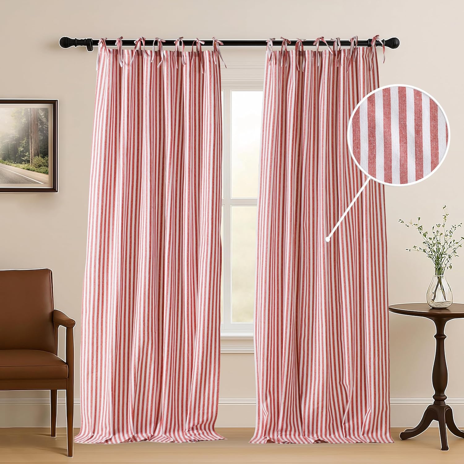 THE ART BOX Gauze Striped Curtains,Boho Linen Tie Top Hanging Curtains Light Filtering Door Window Treatment 2 Panel Curtain Drapes for Living Room Bedroom Red on White (72''x42'' Each Panel)