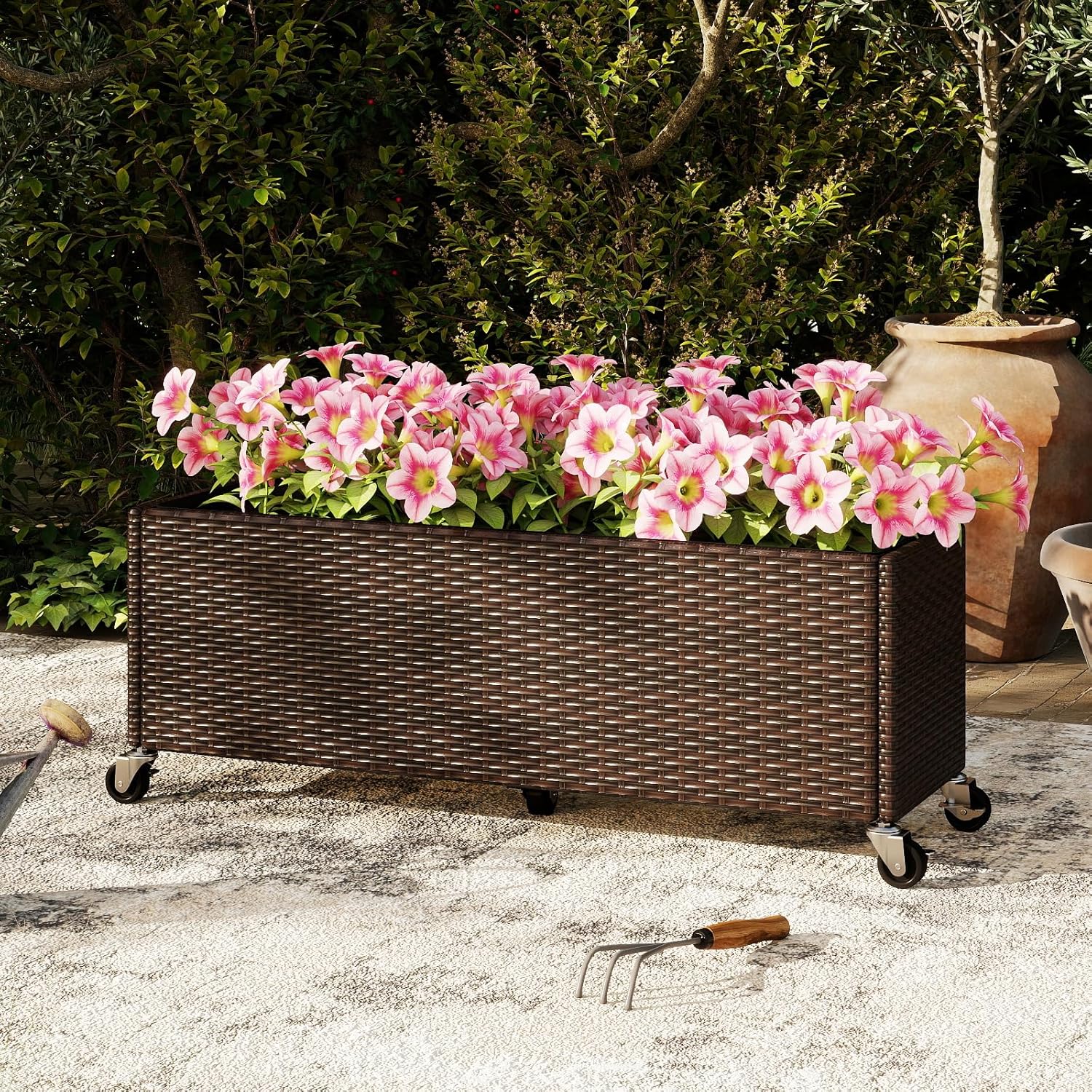 Giantex Wicker Raised Garden Bed with Wheels, 38”x12”x14”, Rectangular Garden Planter Box w/PE Rattan, Liner Fabric, Wicker Patio Elevated Raised Bed for Vegetable Flower Herb Porch Balcony