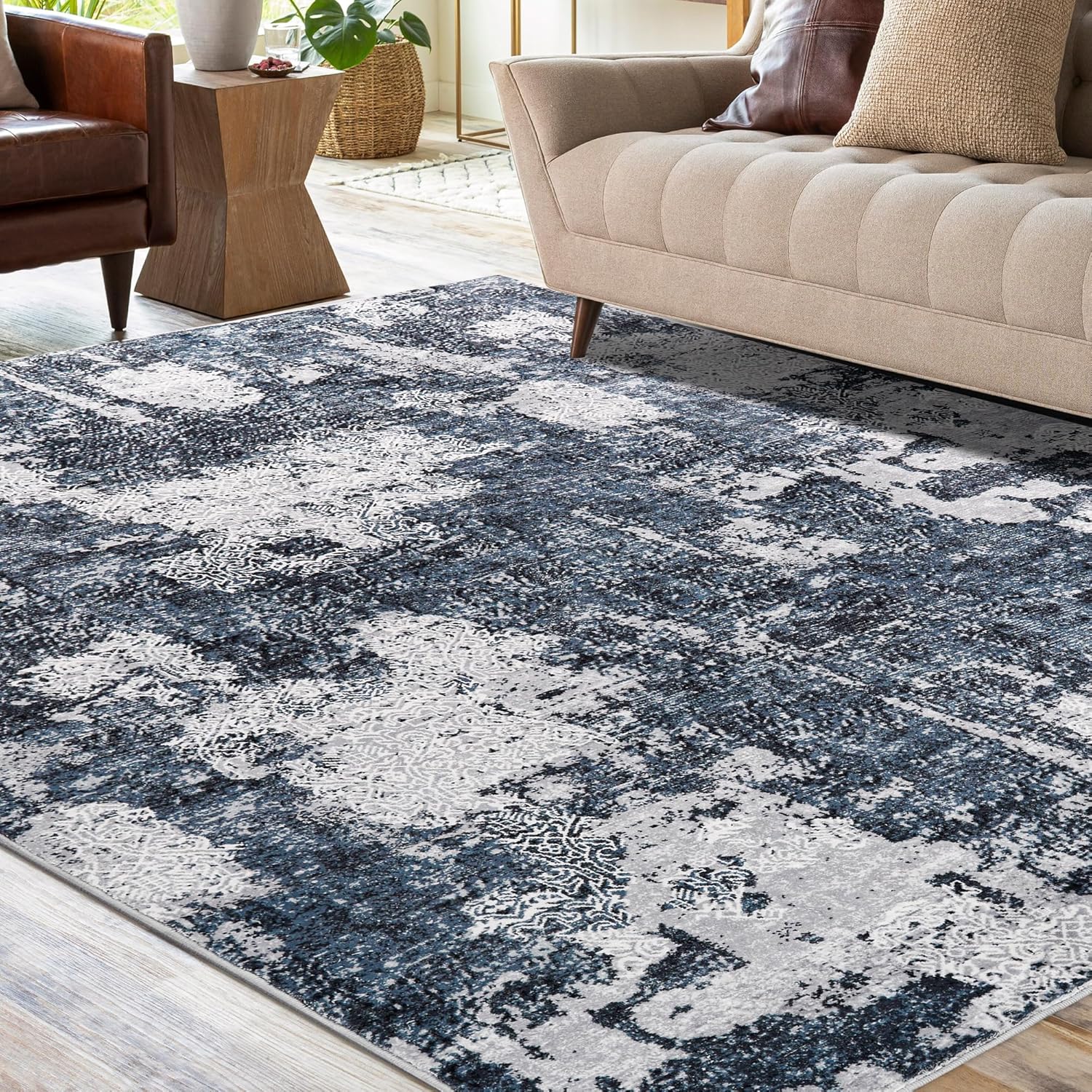 Modern Abstract Area Rug, 9x12 Washable Rugs for Living Room Bedroom Office Floor Rug Dining Room Indoor Accent, Soft Thin Throw Rug Floor Carpet for Kids Pet (Navy Blue/White)
