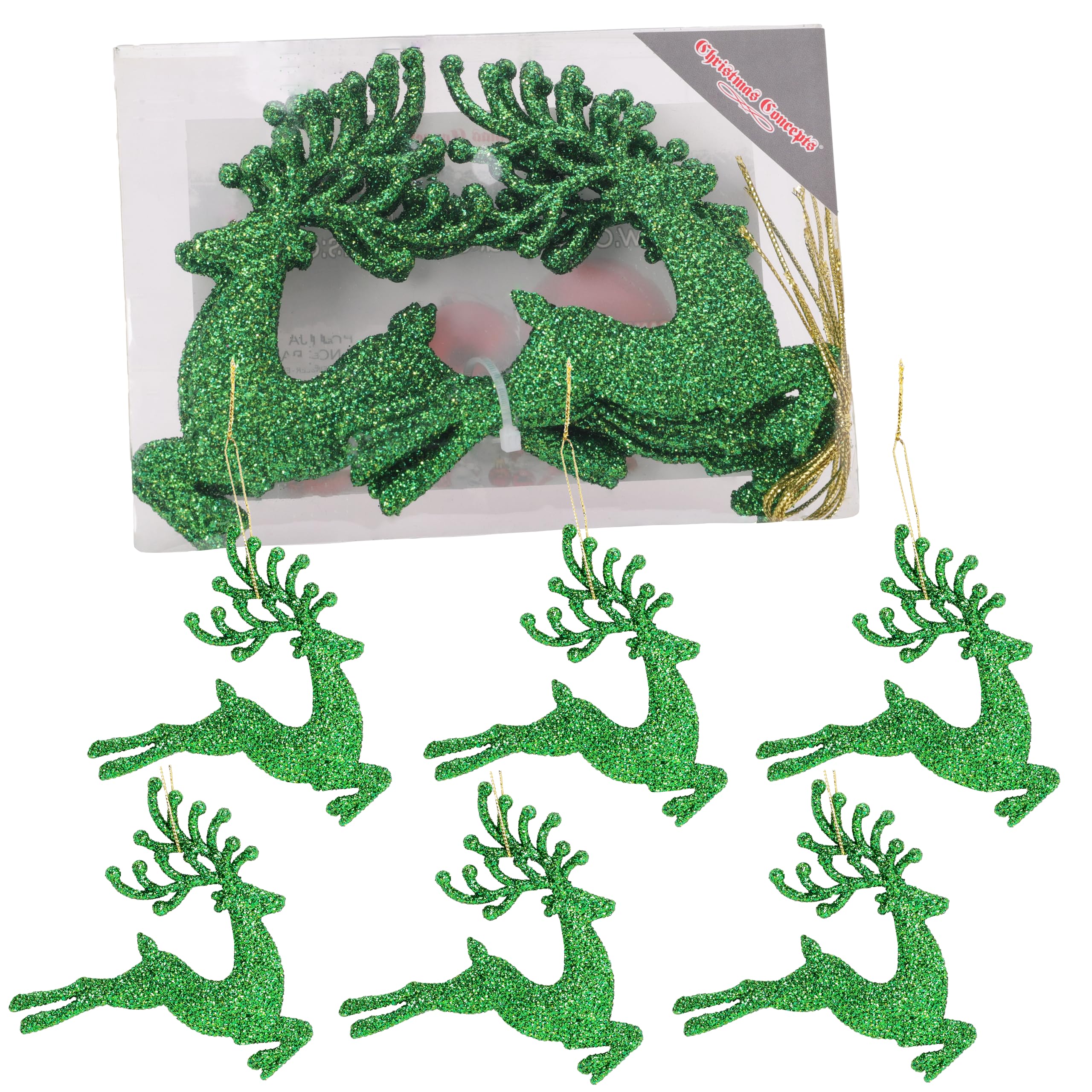 Christmas Concepts Emerald Christmas Concepts®- 100Mm (4") Pack Of 6 Glittery Reindeer Baubles - Christmas Tree Decorations (Emerald)