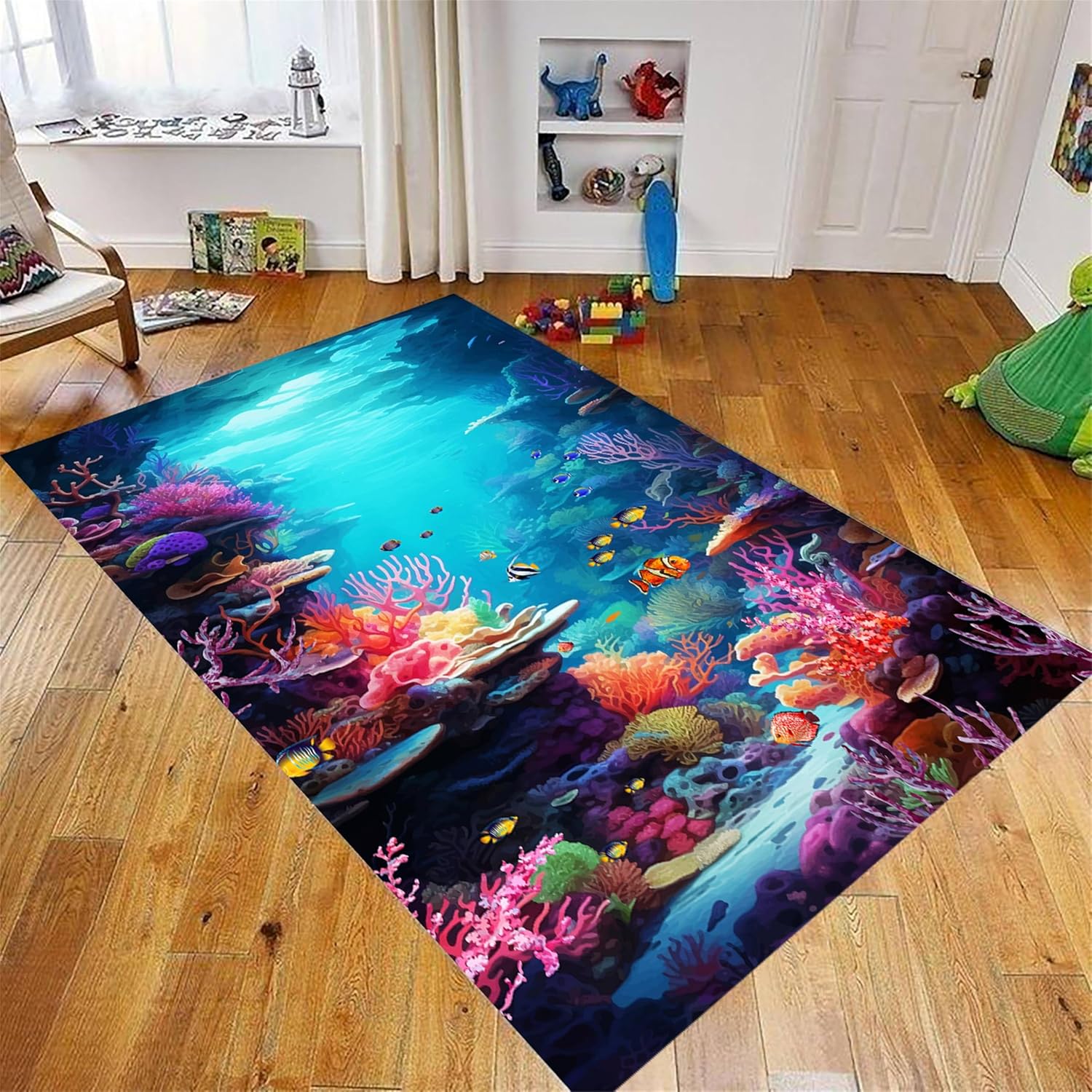 Ocean Rug，5x6ft 3D Coral Reef Fish Printed Non-Slip Carpet ，Kids Play Mat for Hallway, Nursery, Living Room，Machine Washable Marine Theme Floor Decor