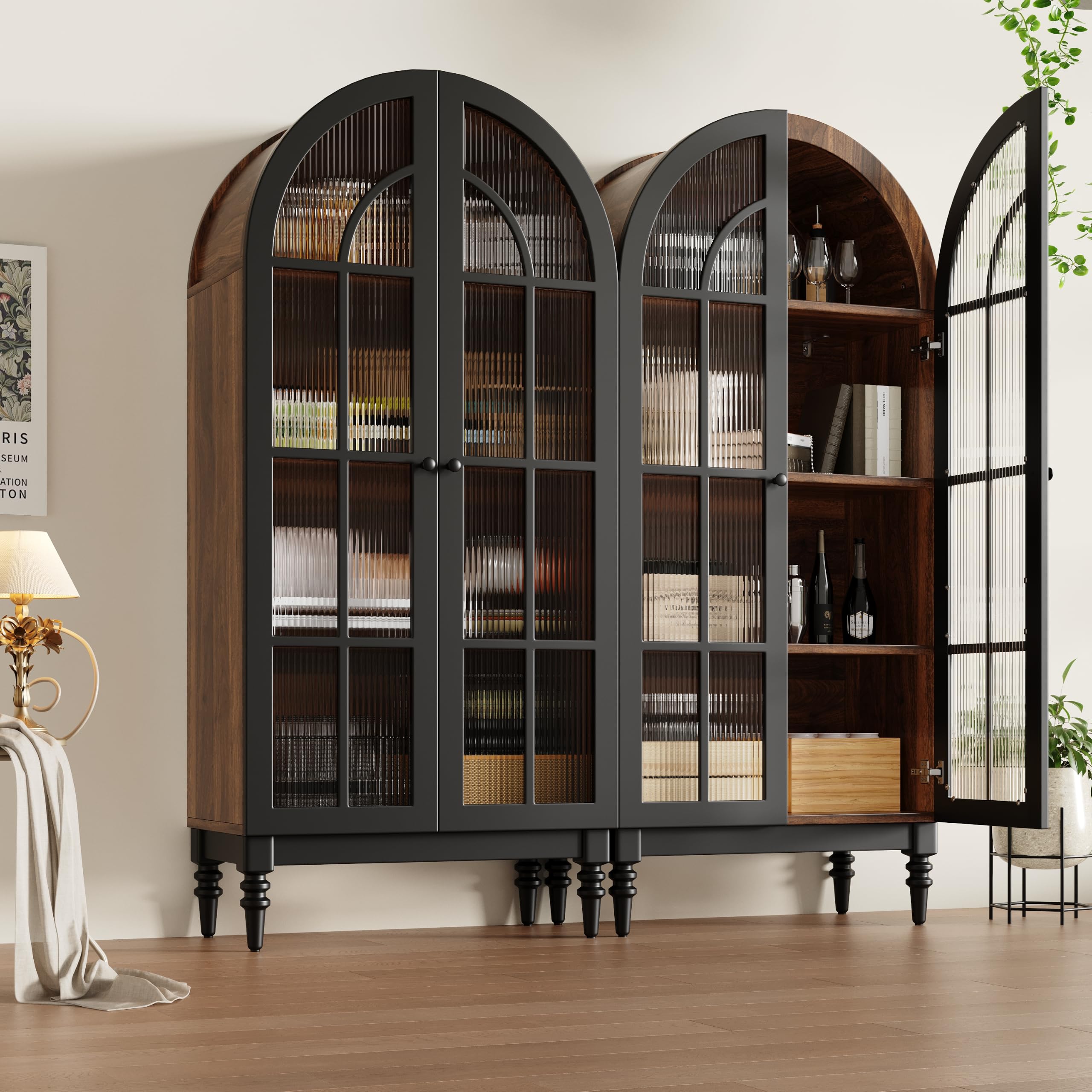 Armadietto ad arco alto autoportante per cucina e soggiorno, vetrina con ante in vetro, venature del legno, nero