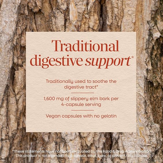 Nature's Way Slippery Elm Bark Capsules, Traditional Digestive Support to Soothe Gastrointestinal Tract*, 1,600 mg per 4-Capsule Serving for Traditional GI Support*, Vegan, 100 Capsules
