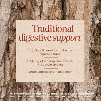 Nature's Way Slippery Elm Bark Capsules, Traditional Digestive Support to Soothe Gastrointestinal Tract*, 1,600 mg per 4-Capsule Serving for Traditional GI Support*, Vegan, 100 Capsules