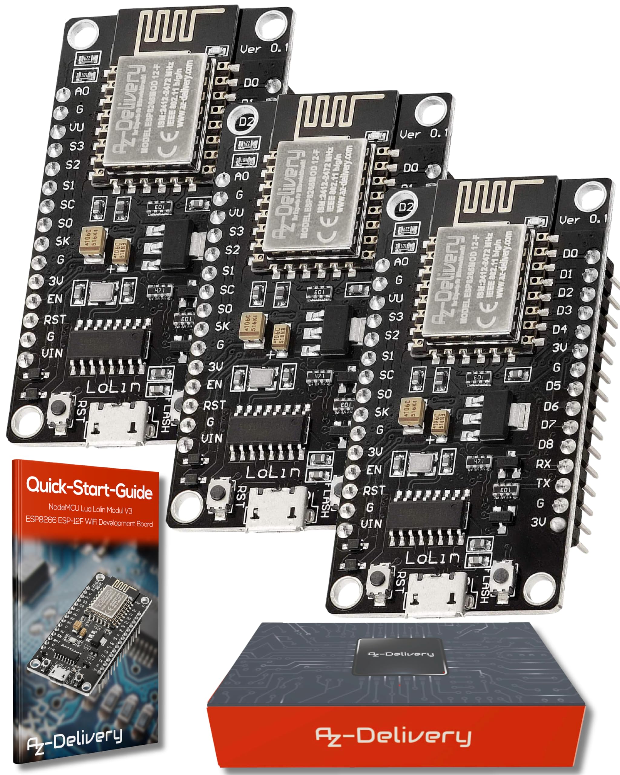 AZDelivery 3 x NodeMCU Lolin V3 Module ESP8266 ESP-12F WiFi WiFi Development Boa