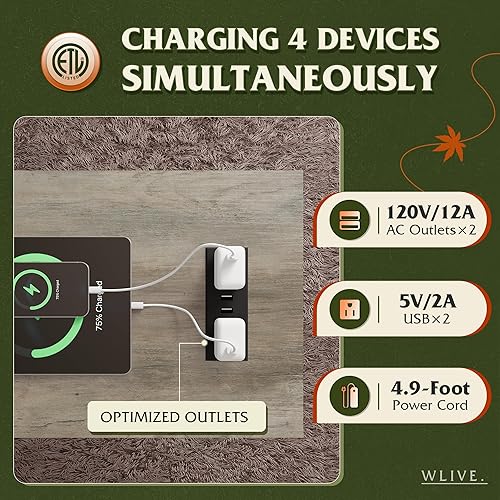 Miniatura 4 de WLIVE Juego de 2 mesas auxiliares para sala de estar con estación de carga, mesas auxiliares de sofá con estante de almacenamiento abierto, juegos