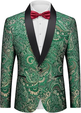 YND Mens Floral Tuxedo Jacket, Luxury Embroidered Blazer, Dress Suit with Bow Tie for Wedding Party Prom Dinner