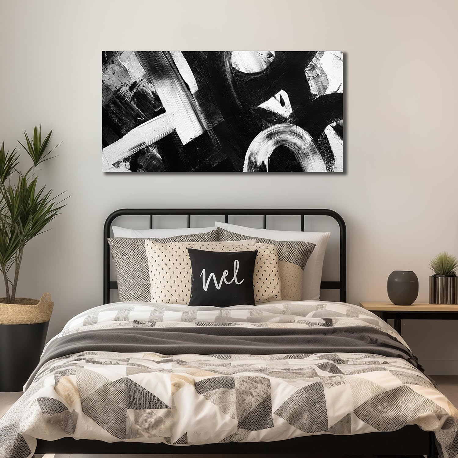 Ouzzlie Abstract Canvas Art White Wall Decorations Black Wall Picture for Living Room Bedroom Office Modern Prints Artwork 24"x 48"
