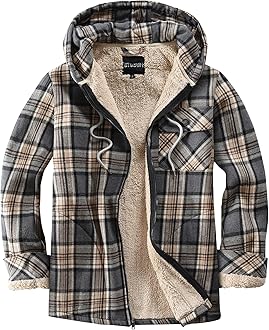 Elesuit Men's Full Zip Fleece Flannel Jackets Shirt Plaid Cotton Hoodies Soft Warm Coat for Men with Hood