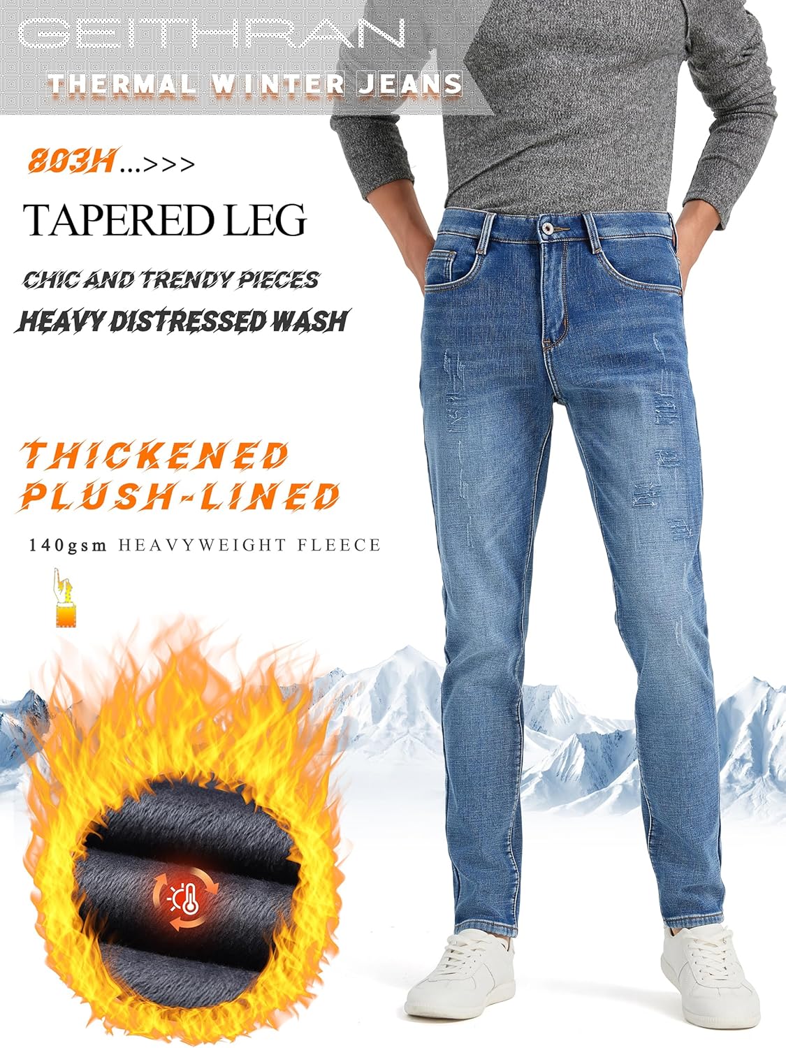 Men’s Fleece Lined Jeans Athletic Taper Stretch Thermal Pants Ripped Patched Winter Street Style - Image 2