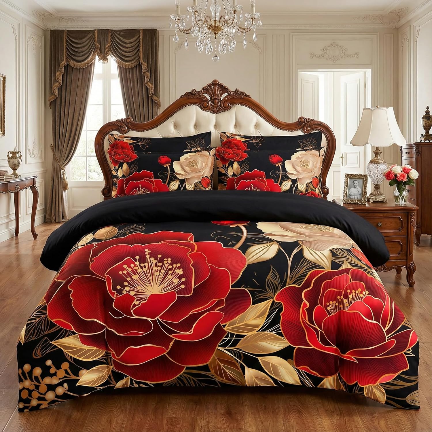 Vintage Floral Comforter Set Queen Size, Black Red Luxurious Penoy Bedding with Golden Leaves for Adult Women, 3Pieces Soft Microfiber Quilted Set with 2 Pillowcase, 90“x90