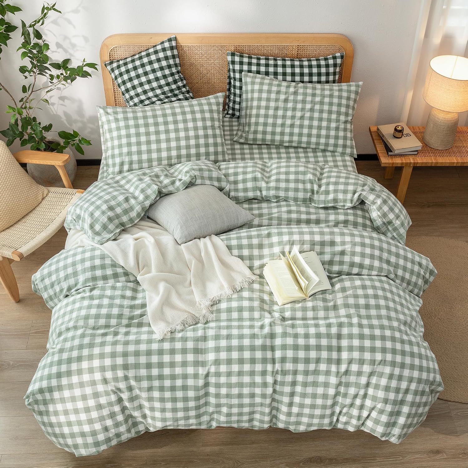  Gingham Cotton Duvet Cover Set Sage Green Twin thumbnail