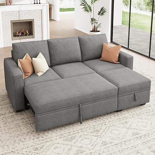 Miniatura 11 de HONBAY - Sofá seccional modular con cama desplegable, sofá en forma de L de chenilla con asientos de almacenamiento, sofás seccional convertible