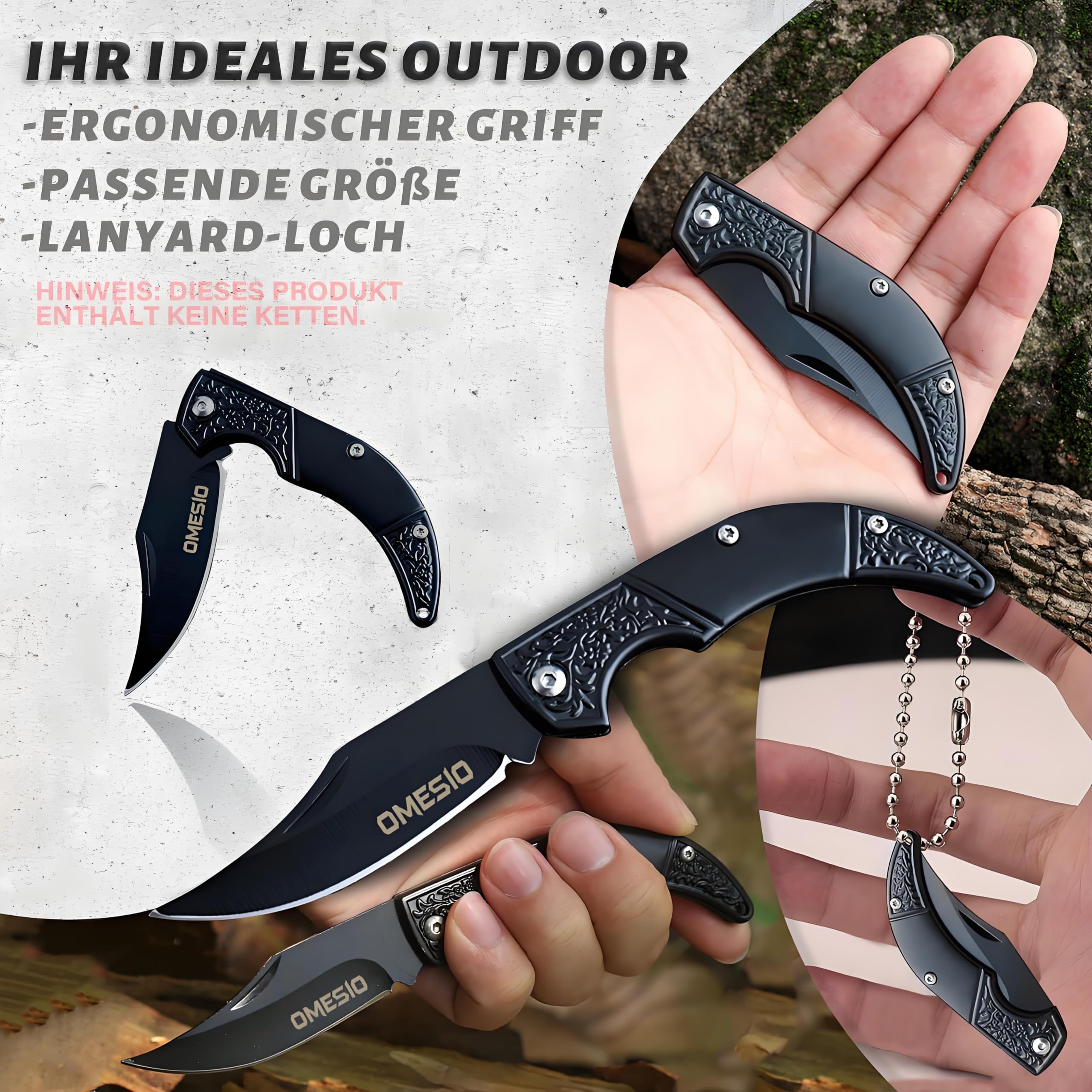 Couteau Pliant Omesio - Petit, Léger (95g), Lame Inox 8,5cm - Argent, Gaine Incluse