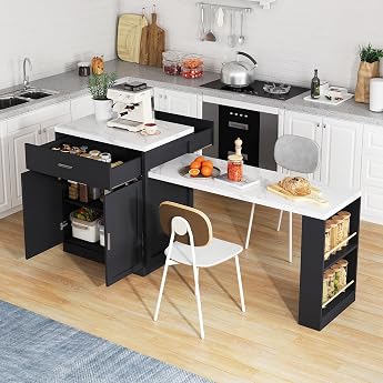 DRIXNO Kitchen Island with Extendable Dining Table for 4-6 People Two-Tone Kitchen Table Socket Storage Cabinet 2 Drawers 2 Side Open Shelves
