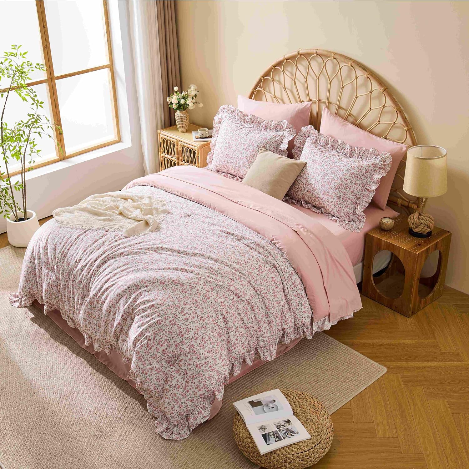 Queen Comforter Set 7 Pieces Floral Pink Ruffle Bedding Set