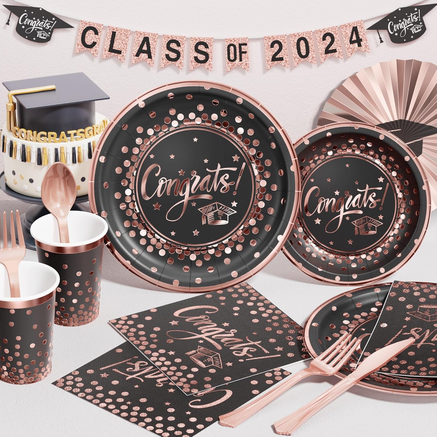 Ecomore 2026 Graduation Decorations - 245 PCS Grad Disposable Dinnerware(Serve 25) & Graduation Party Supplies With Congrats Paper Plate Cup Napkin Tablecloth Backdrop Balloon - Black Pink Rose Gold