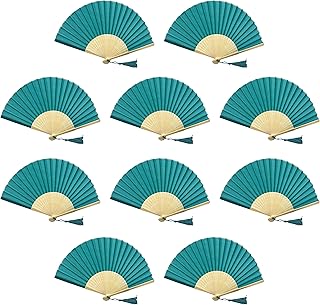 FANSOF.Fans Pack of 10 Silk Fabric Fans with Bamboo Tassel Grade A for Wedding Party Favors Hand Fan (Deep Sky Blue)