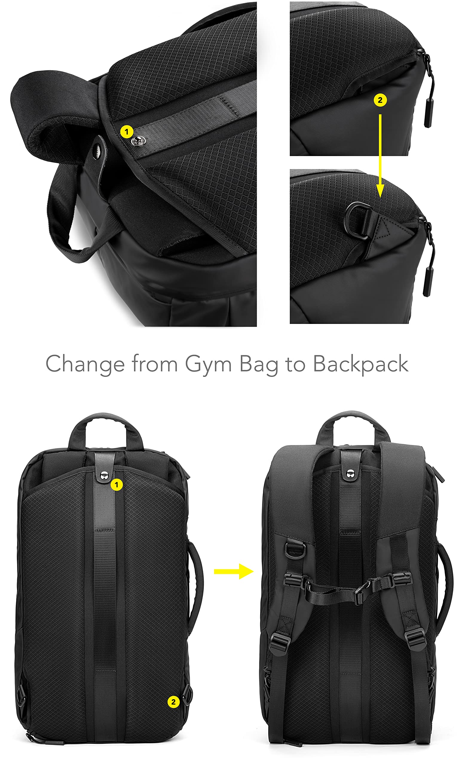 Fitgriff® Sporttasche mit Rucksackfunktion - Rucksack mit Schuhfach & Laptopfach - für Herren und Damen - für Sport, Fitness & Reisen - Trainingstasche, Gym Bag Backpack, Schwarz (25L) (Black, Medium)