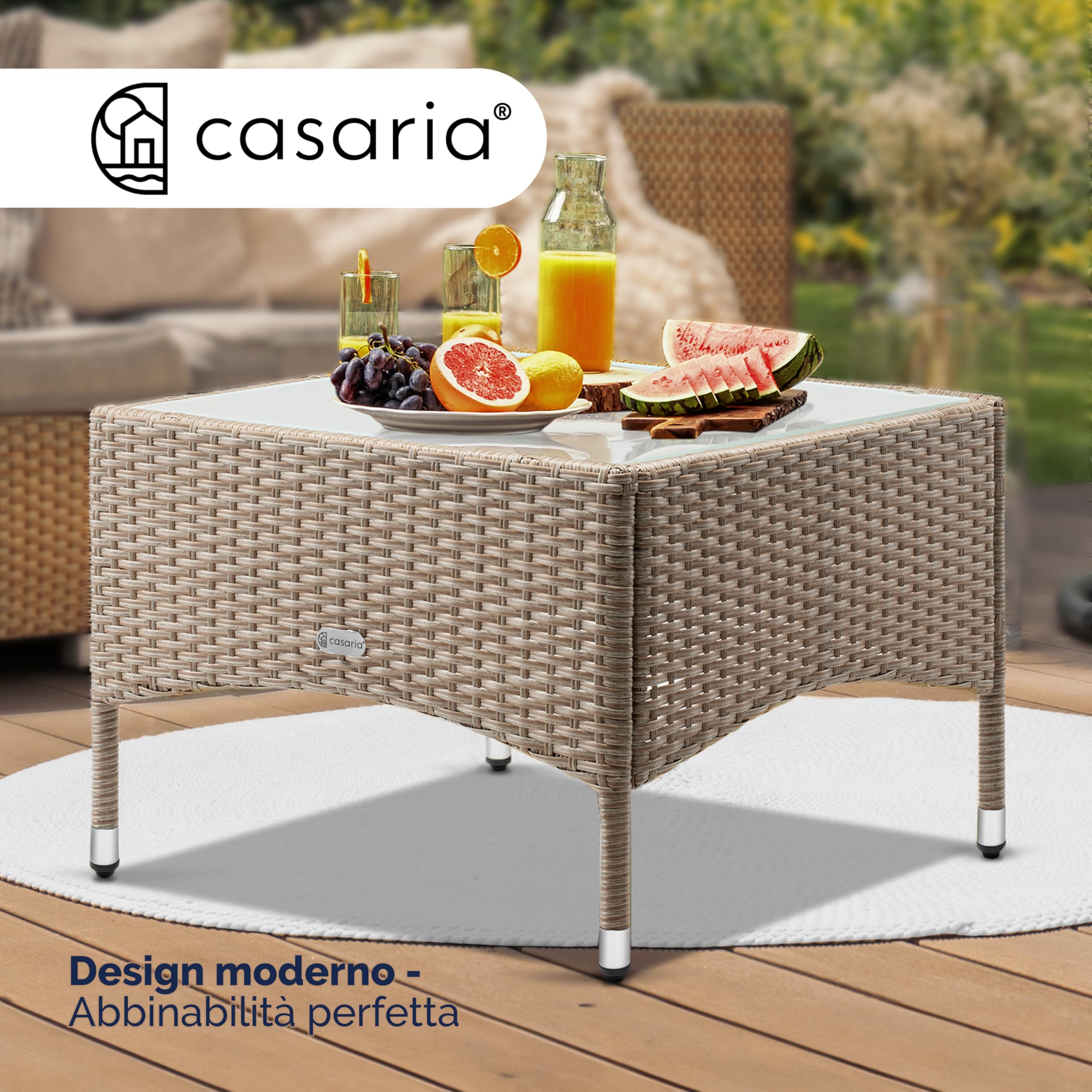 Casaria Tavolino da Giardino Esterno in Polyrattan 58x58x42cm Tavolo Basso da Caffè Quadrato Vetro