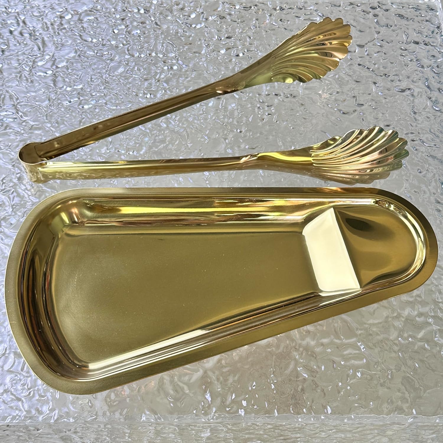2-Pack Set Gold 304 Stainless Steel Food Tray+Shell Tongs,Non-slip & Easy Grip Smart Locking Clip Handy Utensil for Cooking, Serving, Barbecue, Buffet, Salad, Ice, Oven (11.2"&11")